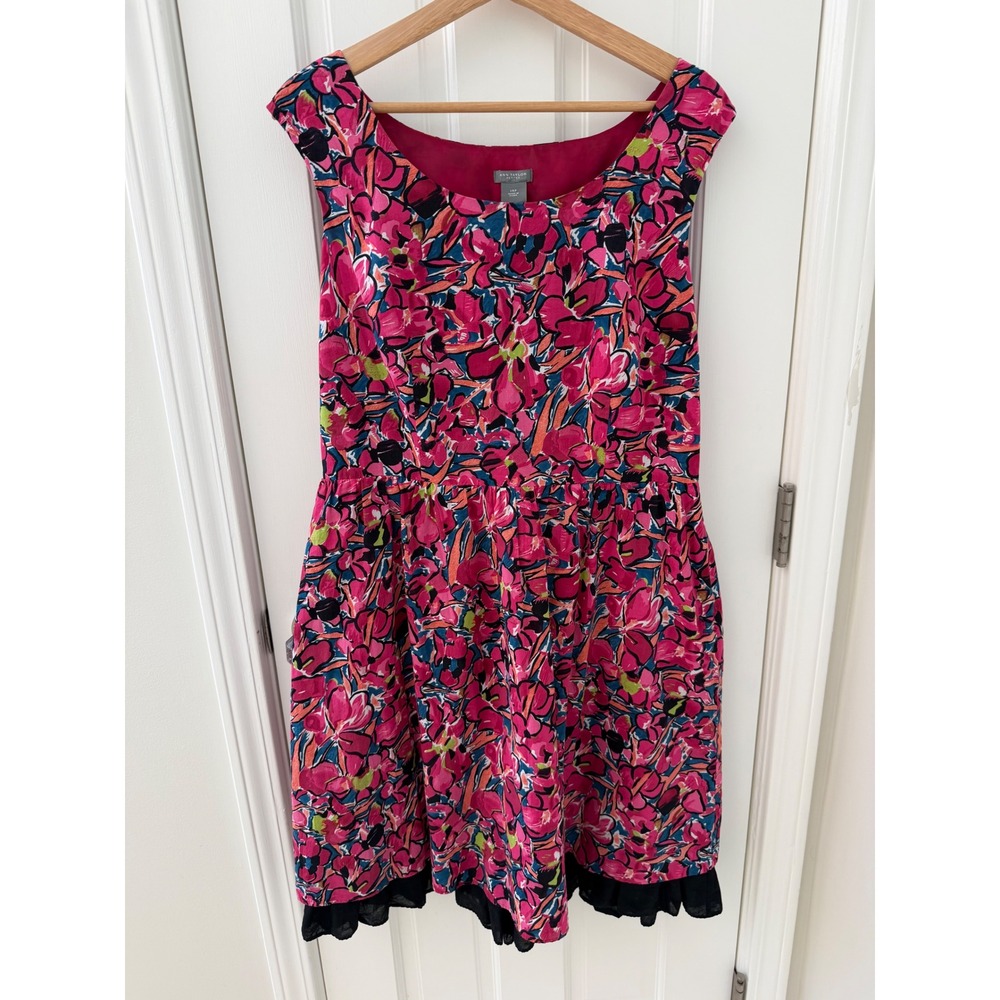 Ann Taylor Floral Fit and Flare Dress Pink 14P Petite Cap Sleeve Ruffle Hem